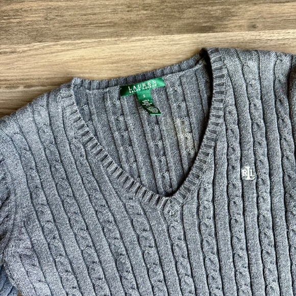 Lauren Ralph Lauren Gray Cable Knit V-Neck Sweater – Women’s Small, 100% Cotton - Picture 5 of 15